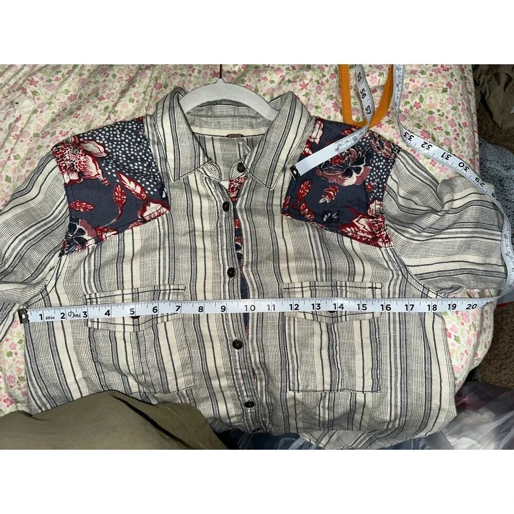 Free People button up striped and floral contrast long‎ sleeve top size small